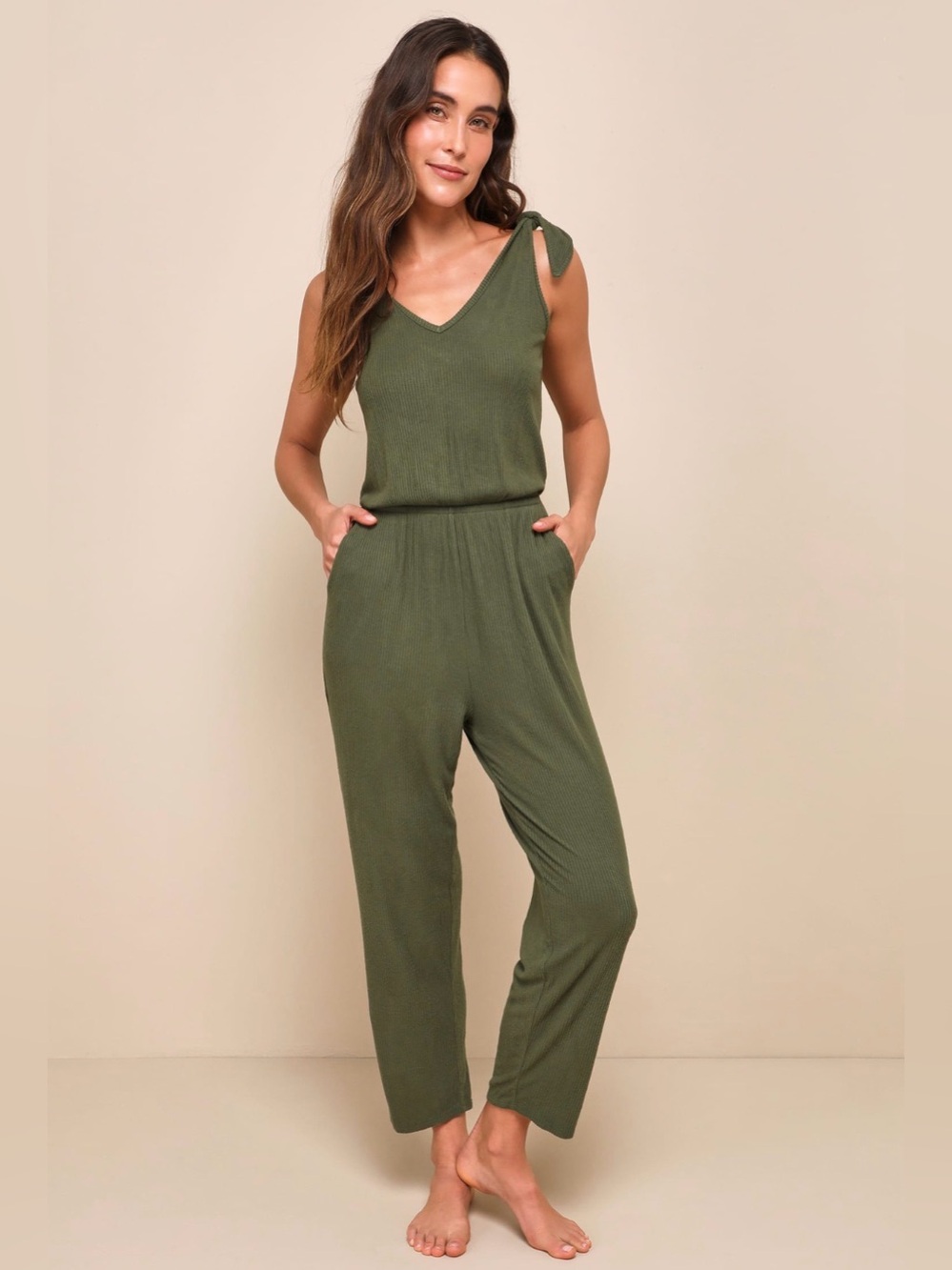 Lulus Belmore Olive Green Ribbed Sleeveless Jumpsuit - Size X-Small